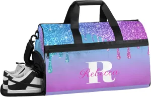 Custom Name Sports Bag Personalized Gym Bag with Shoes Compartment for Women Men Overnight Weekender Travel Duffel Bags, Blue