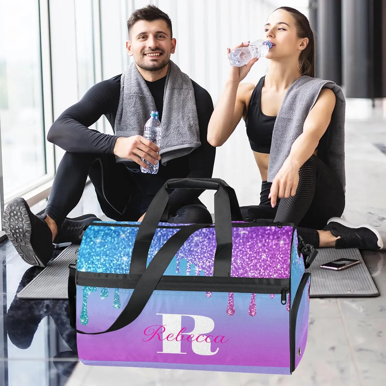 Custom Name Sports Bag Personalized Gym Bag with Shoes Compartment for Women Men Overnight Weekender Travel Duffel Bags, Blue