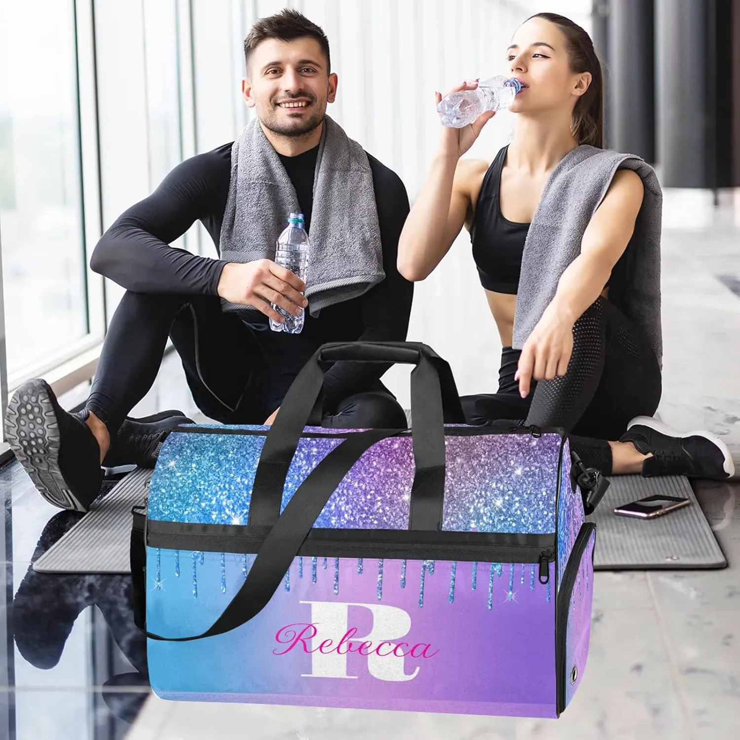 Custom Name Sports Bag Personalized Gym Bag with Shoes Compartment for Women Men Overnight Weekender Travel Duffel Bags, Multi Blue