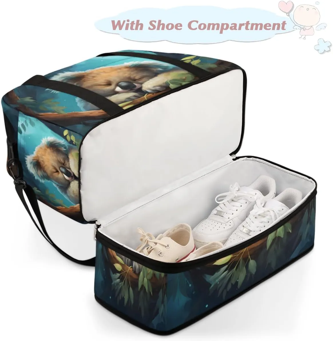 Cute Animal Koala Foldable Travel Duffel Bag Overnight Weekender Bag with Shoes Compartment Sports Gym Bag for Men Women