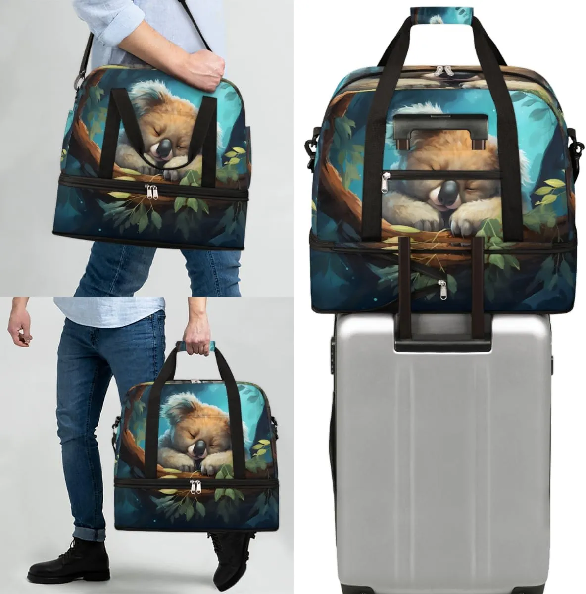 Cute Animal Koala Foldable Travel Duffel Bag Overnight Weekender Bag with Shoes Compartment Sports Gym Bag for Men Women