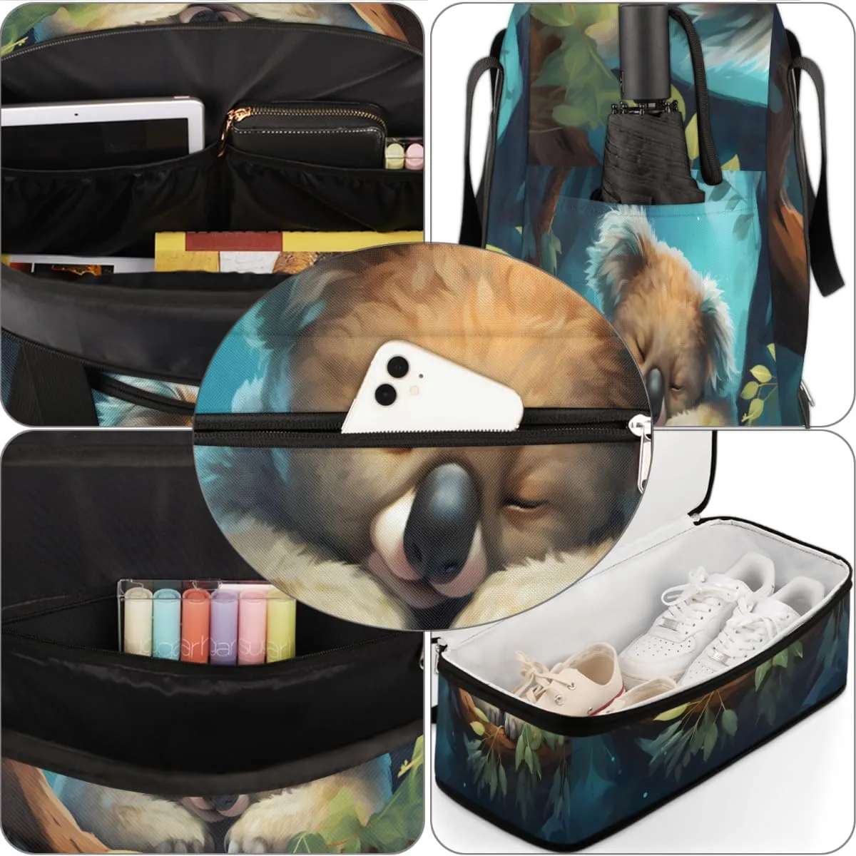Cute Animal Koala Foldable Travel Duffel Bag Overnight Weekender Bag with Shoes Compartment Sports Gym Bag for Men Women