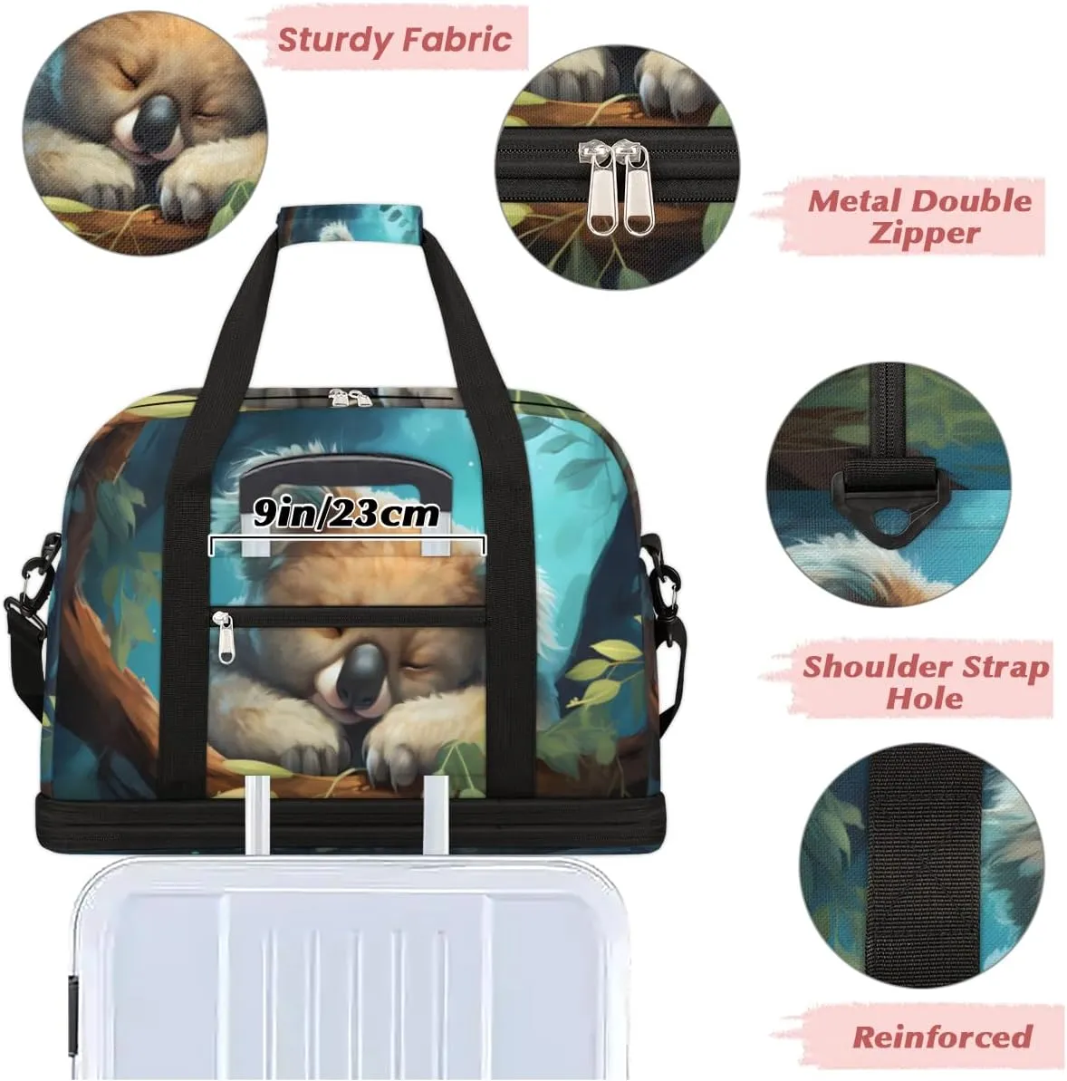 Cute Animal Koala Foldable Travel Duffel Bag Overnight Weekender Bag with Shoes Compartment Sports Gym Bag for Men Women