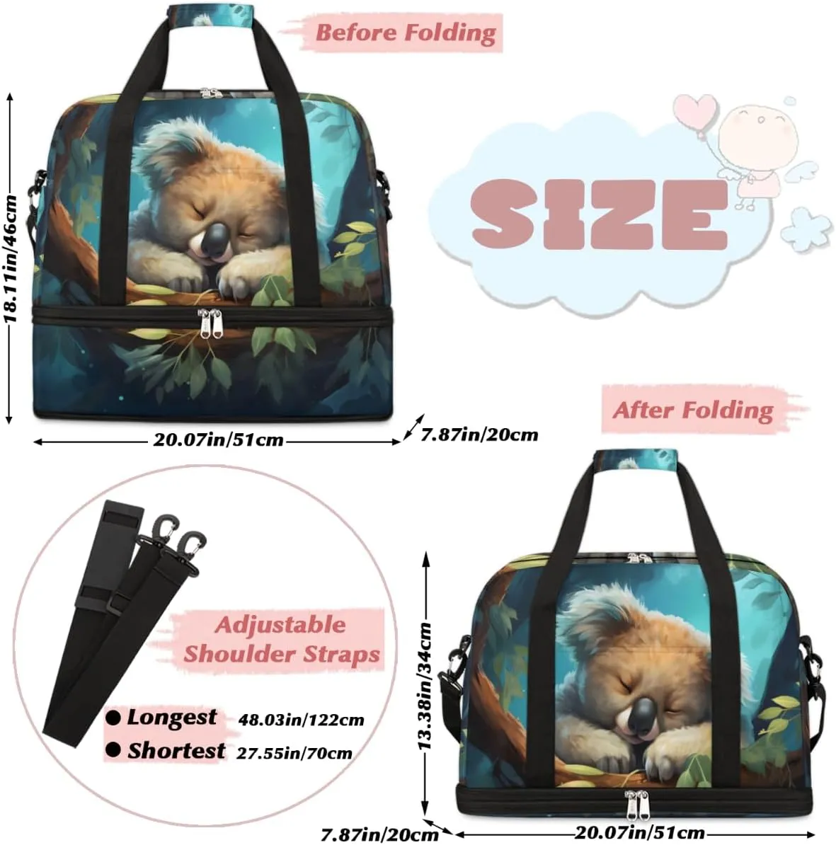 Cute Animal Koala Foldable Travel Duffel Bag Overnight Weekender Bag with Shoes Compartment Sports Gym Bag for Men Women