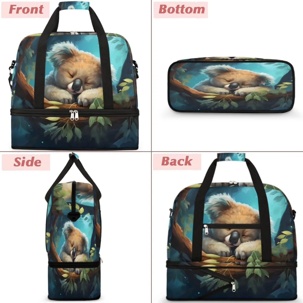 Cute Animal Koala Foldable Travel Duffel Bag Overnight Weekender Bag with Shoes Compartment Sports Gym Bag for Men Women