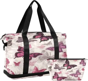Cute Butterflies Sports Gym Bag,Travel Duffel bag with Wet Pocket & Shoes Compartment Lightweight Waterproof Overnight Bag for Men Women