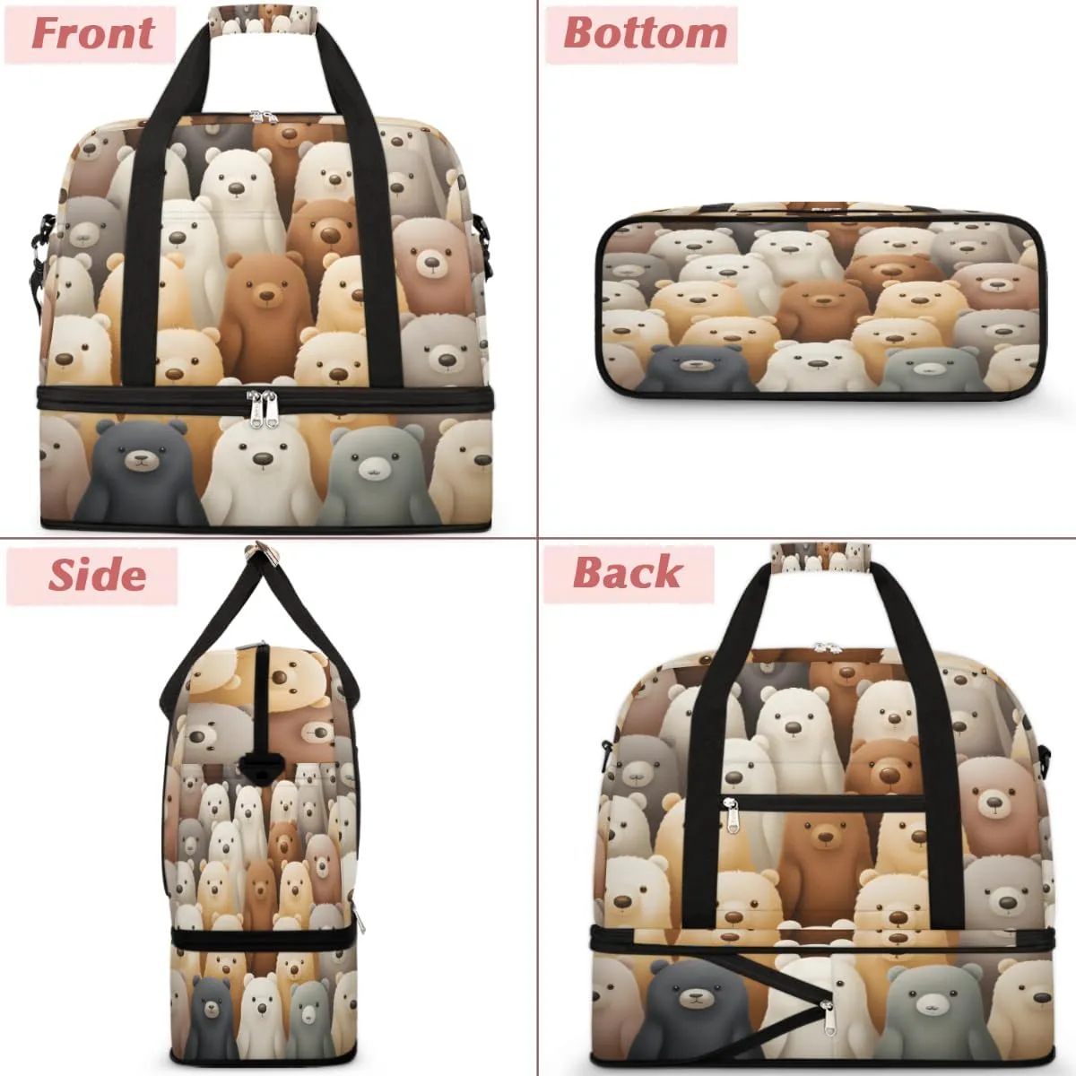 Cute Cartoon Bears Foldable Travel Duffel Bag Overnight Weekender Bag with Shoes Compartment Sports Gym Bag for Men Women