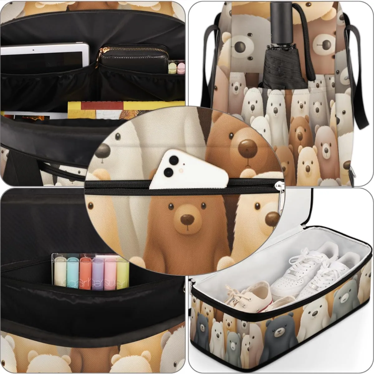 Cute Cartoon Bears Foldable Travel Duffel Bag Overnight Weekender Bag with Shoes Compartment Sports Gym Bag for Men Women
