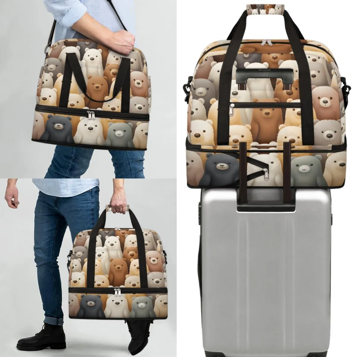 Cute Cartoon Bears Foldable Travel Duffel Bag Overnight Weekender Bag with Shoes Compartment Sports Gym Bag for Men Women
