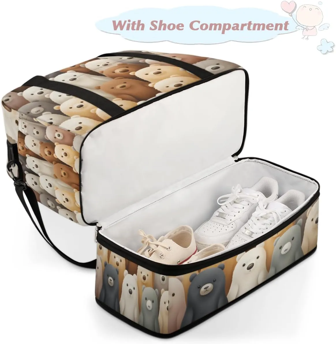 Cute Cartoon Bears Foldable Travel Duffel Bag Overnight Weekender Bag with Shoes Compartment Sports Gym Bag for Men Women