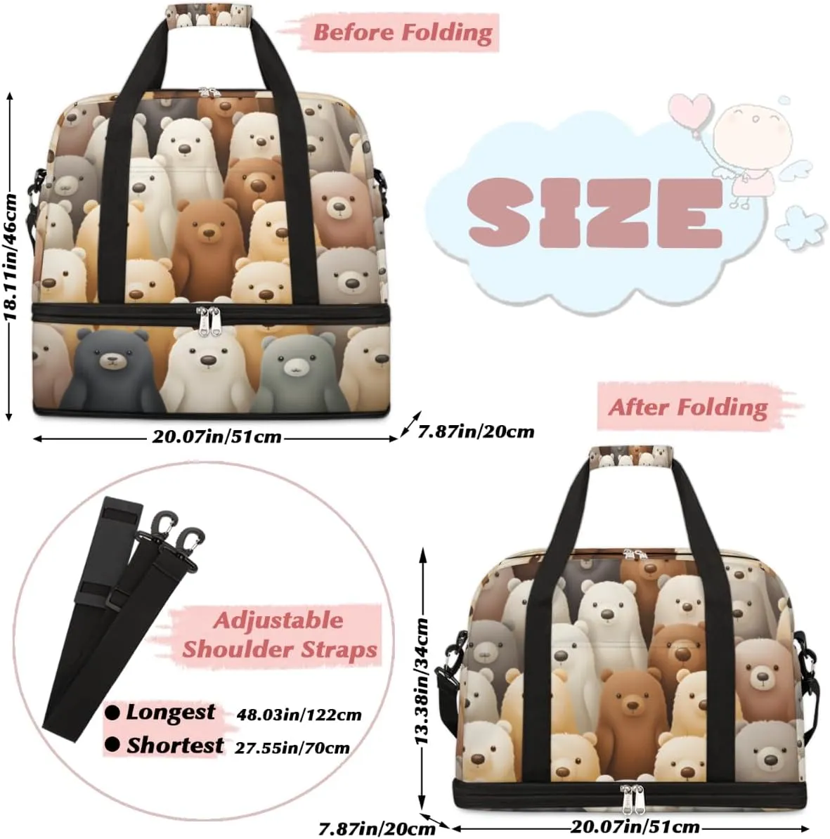 Cute Cartoon Bears Foldable Travel Duffel Bag Overnight Weekender Bag with Shoes Compartment Sports Gym Bag for Men Women