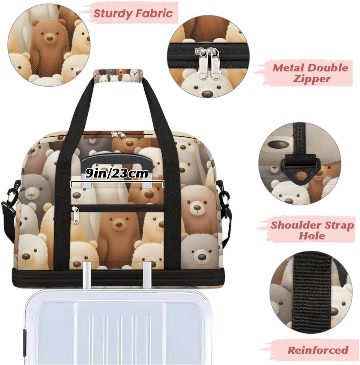 Cute Cartoon Bears Foldable Travel Duffel Bag Overnight Weekender Bag with Shoes Compartment Sports Gym Bag for Men Women