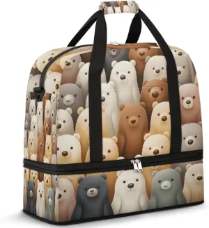 Cute Cartoon Bears Foldable Travel Duffel Bag Overnight Weekender Bag with Shoes Compartment Sports Gym Bag for Men Women