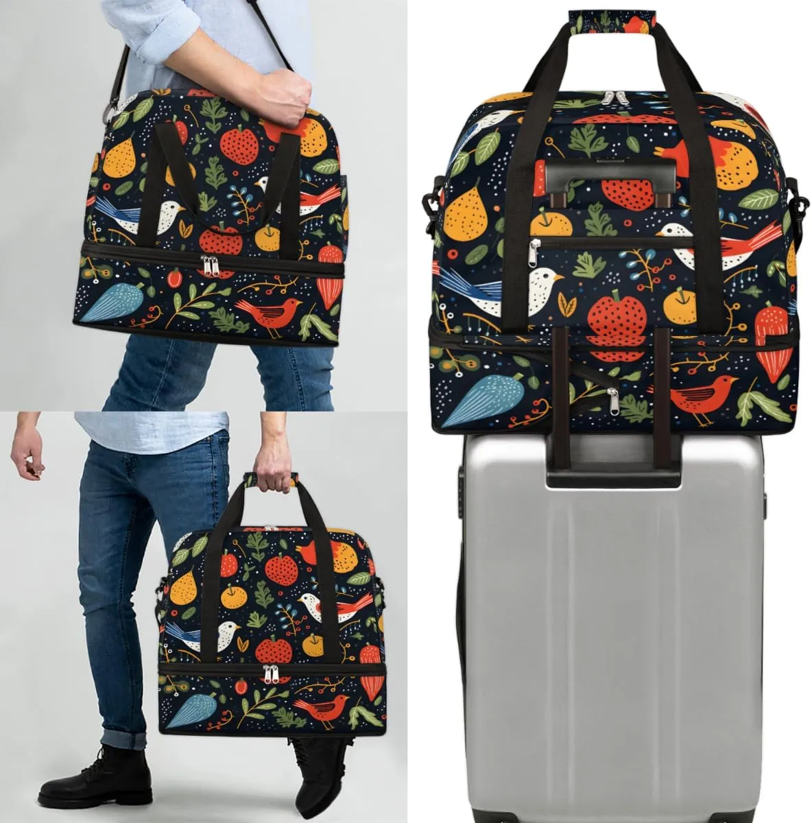 Cute Cartoon Bird Foldable Travel Duffel Bag Overnight Weekender Bag with Shoes Compartment Sports Gym Bag for Men Women