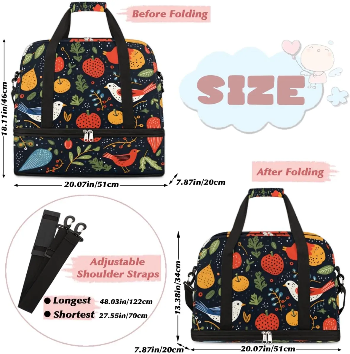 Cute Cartoon Bird Foldable Travel Duffel Bag Overnight Weekender Bag with Shoes Compartment Sports Gym Bag for Men Women