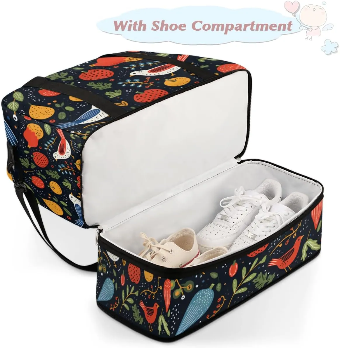 Cute Cartoon Bird Foldable Travel Duffel Bag Overnight Weekender Bag with Shoes Compartment Sports Gym Bag for Men Women