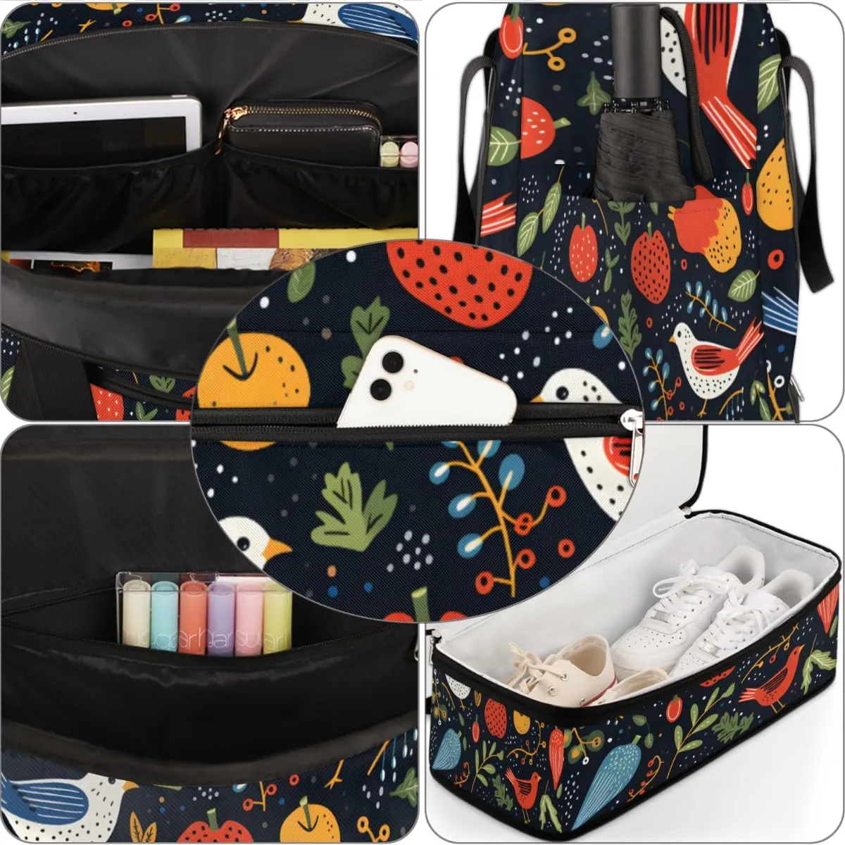 Cute Cartoon Bird Foldable Travel Duffel Bag Overnight Weekender Bag with Shoes Compartment Sports Gym Bag for Men Women