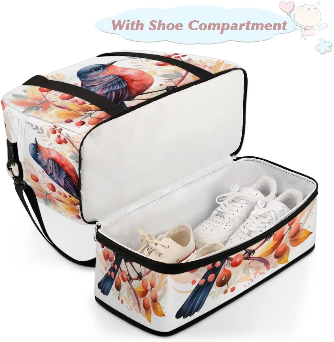 Cute Colorful Birds Foldable Travel Duffel Bag Overnight Weekender Bag with Shoes Compartment Sports Gym Bag for Men Women