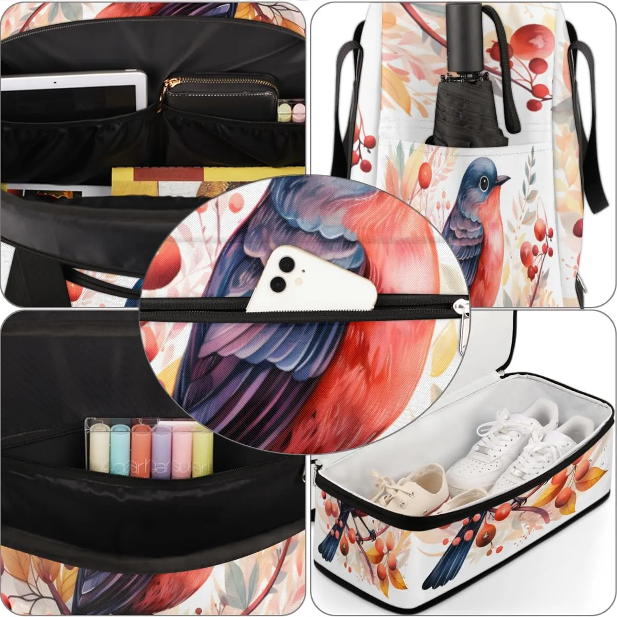 Cute Colorful Birds Foldable Travel Duffel Bag Overnight Weekender Bag with Shoes Compartment Sports Gym Bag for Men Women