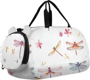 Cute Colorful Dragonfly White Girl's Gym Duffel Bag with Shoes Compartment Multifunctional Weekend Travel Bag for Boys and Girls