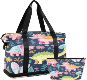 Cute Dinosaurs Gym Bag for Men Women with Shoes Compartment & Wet Pocket Sport Travel Duffel Bag Waterproof Weekender Overnight Bag