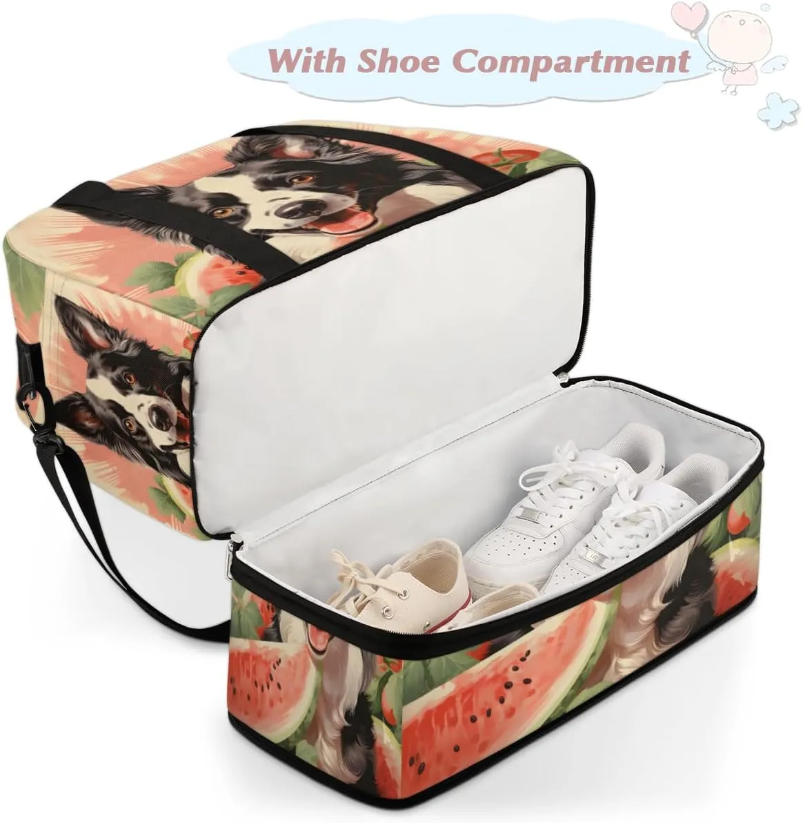 Cute Dog Foldable Travel Duffel Bag Overnight Weekender Bag with Shoes Compartment Sports Gym Bag for Men Women