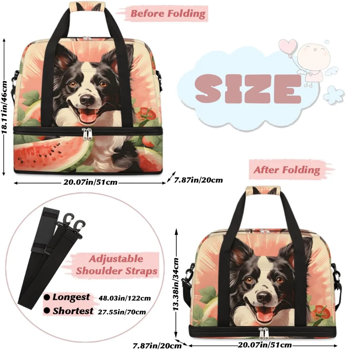 Cute Dog Foldable Travel Duffel Bag Overnight Weekender Bag with Shoes Compartment Sports Gym Bag for Men Women