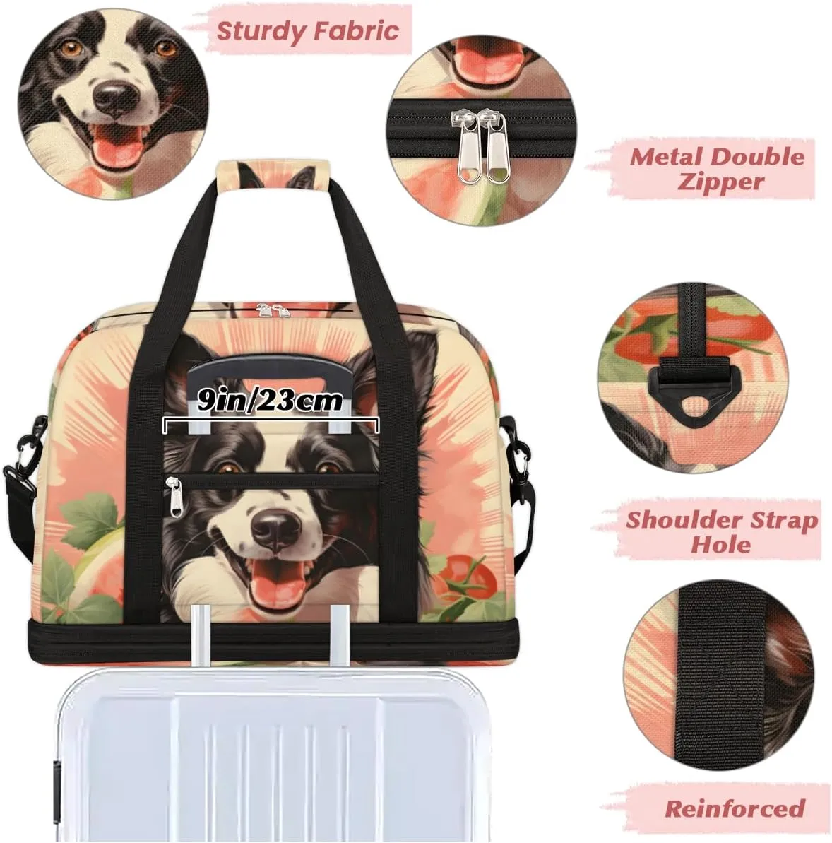 Cute Dog Foldable Travel Duffel Bag Overnight Weekender Bag with Shoes Compartment Sports Gym Bag for Men Women