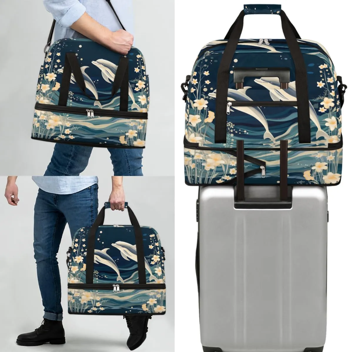 Cute Dolphin Pattern Foldable Travel Duffel Bag Overnight Weekender Bag with Shoes Compartment Sports Gym Bag for Men Women