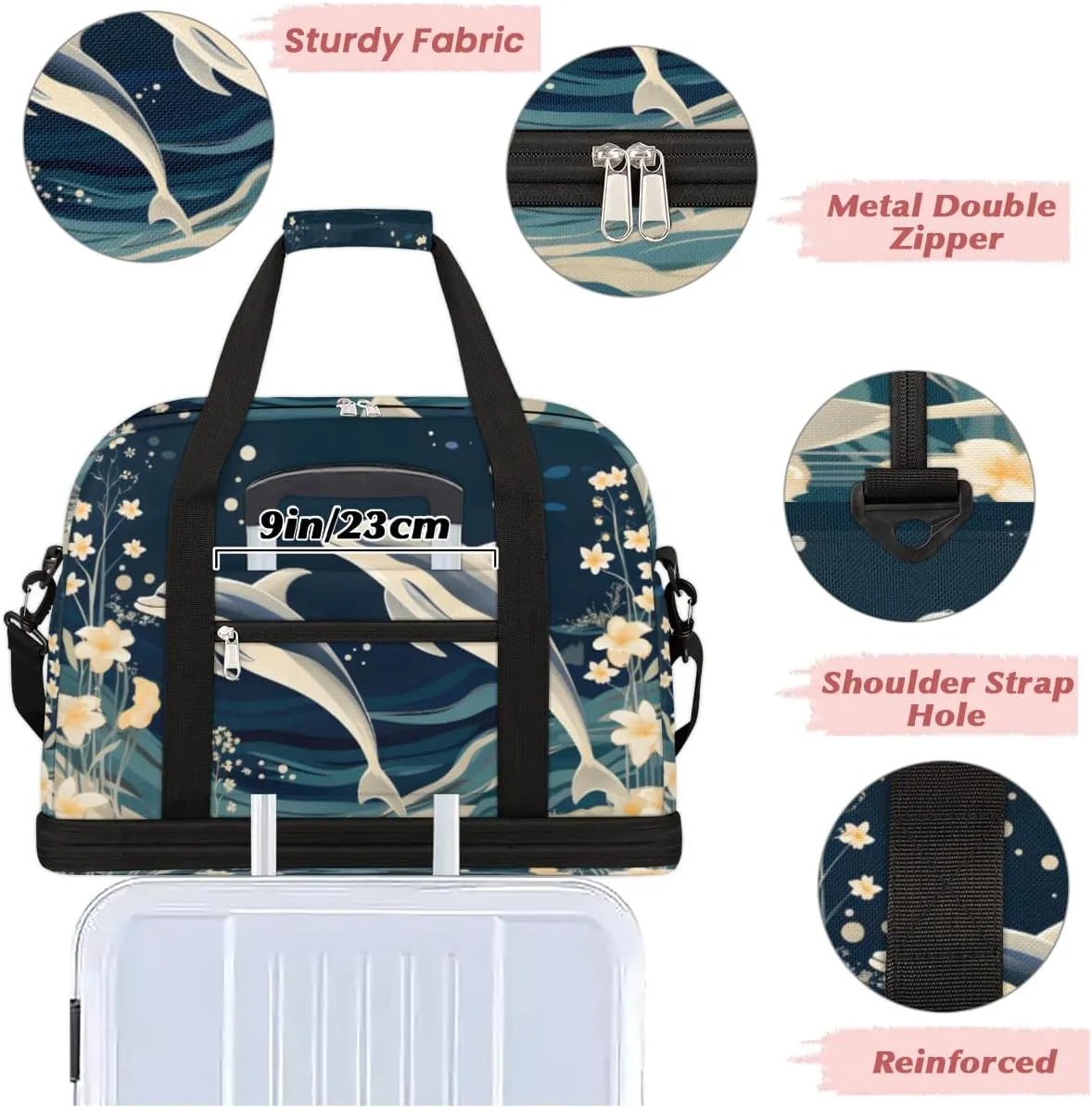 Cute Dolphin Pattern Foldable Travel Duffel Bag Overnight Weekender Bag with Shoes Compartment Sports Gym Bag for Men Women