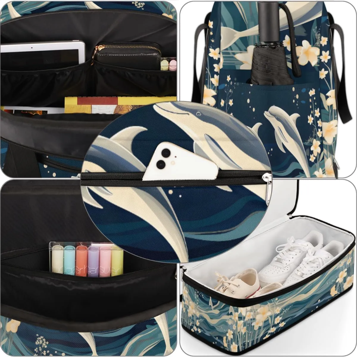 Cute Dolphin Pattern Foldable Travel Duffel Bag Overnight Weekender Bag with Shoes Compartment Sports Gym Bag for Men Women