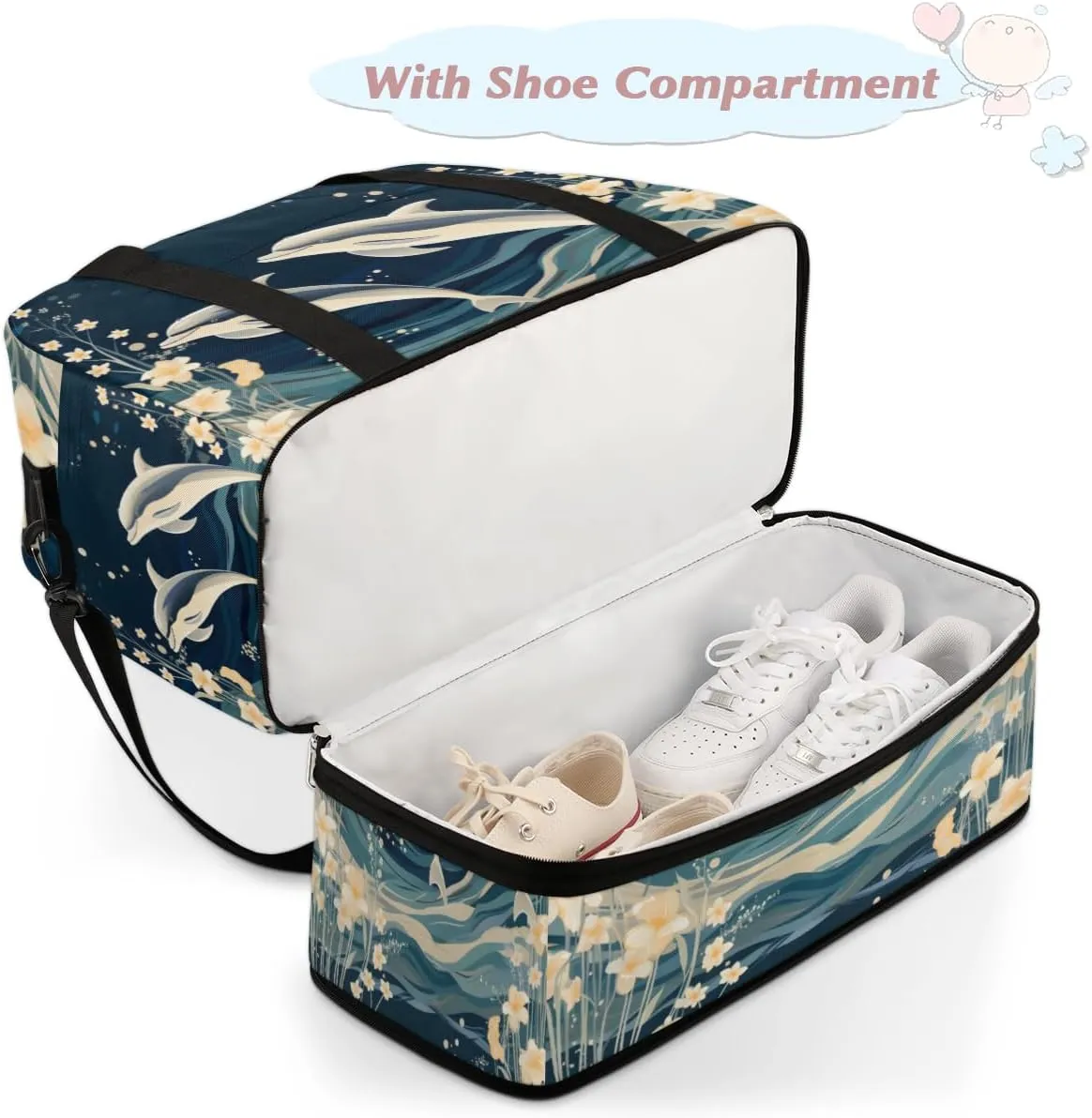 Cute Dolphin Pattern Foldable Travel Duffel Bag Overnight Weekender Bag with Shoes Compartment Sports Gym Bag for Men Women