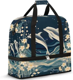 Cute Dolphin Pattern Foldable Travel Duffel Bag Overnight Weekender Bag with Shoes Compartment Sports Gym Bag for Men Women