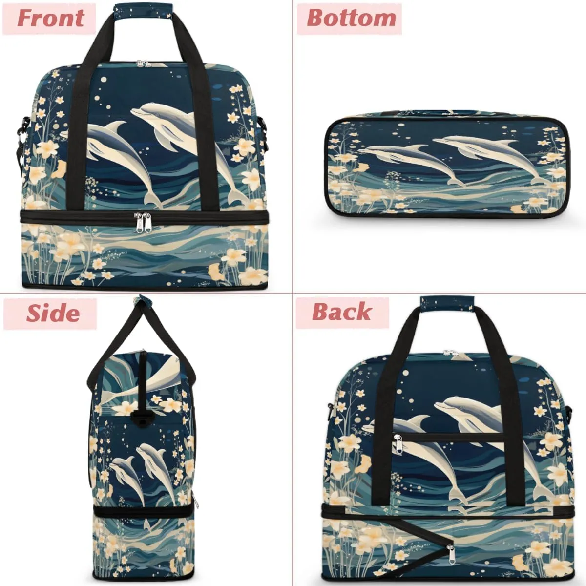 Cute Dolphin Pattern Foldable Travel Duffel Bag Overnight Weekender Bag with Shoes Compartment Sports Gym Bag for Men Women