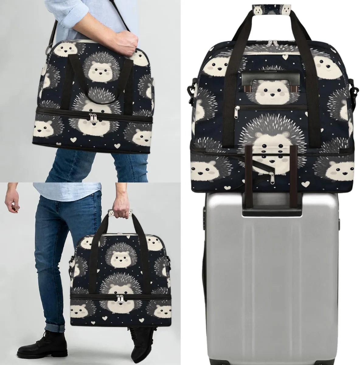 Cute Hedgehog Animal Foldable Travel Duffel Bag Overnight Weekender Bag with Shoes Compartment Sports Gym Bag for Men Women