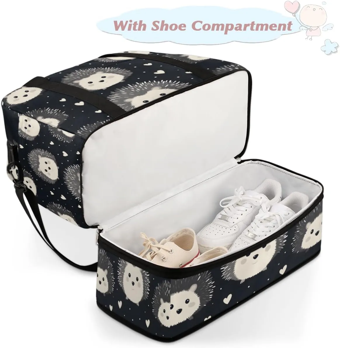 Cute Hedgehog Animal Foldable Travel Duffel Bag Overnight Weekender Bag with Shoes Compartment Sports Gym Bag for Men Women