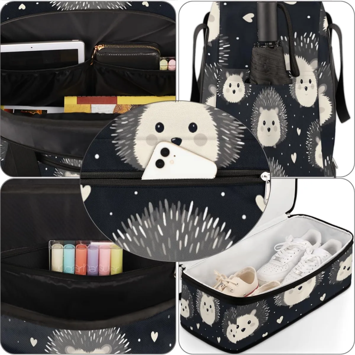 Cute Hedgehog Animal Foldable Travel Duffel Bag Overnight Weekender Bag with Shoes Compartment Sports Gym Bag for Men Women