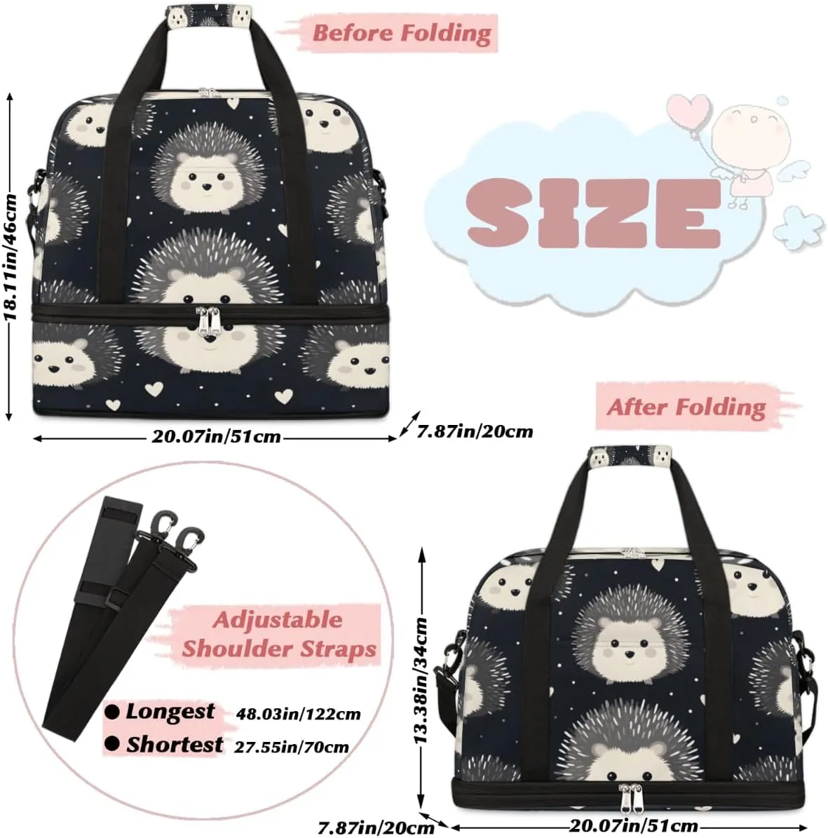 Cute Hedgehog Animal Foldable Travel Duffel Bag Overnight Weekender Bag with Shoes Compartment Sports Gym Bag for Men Women