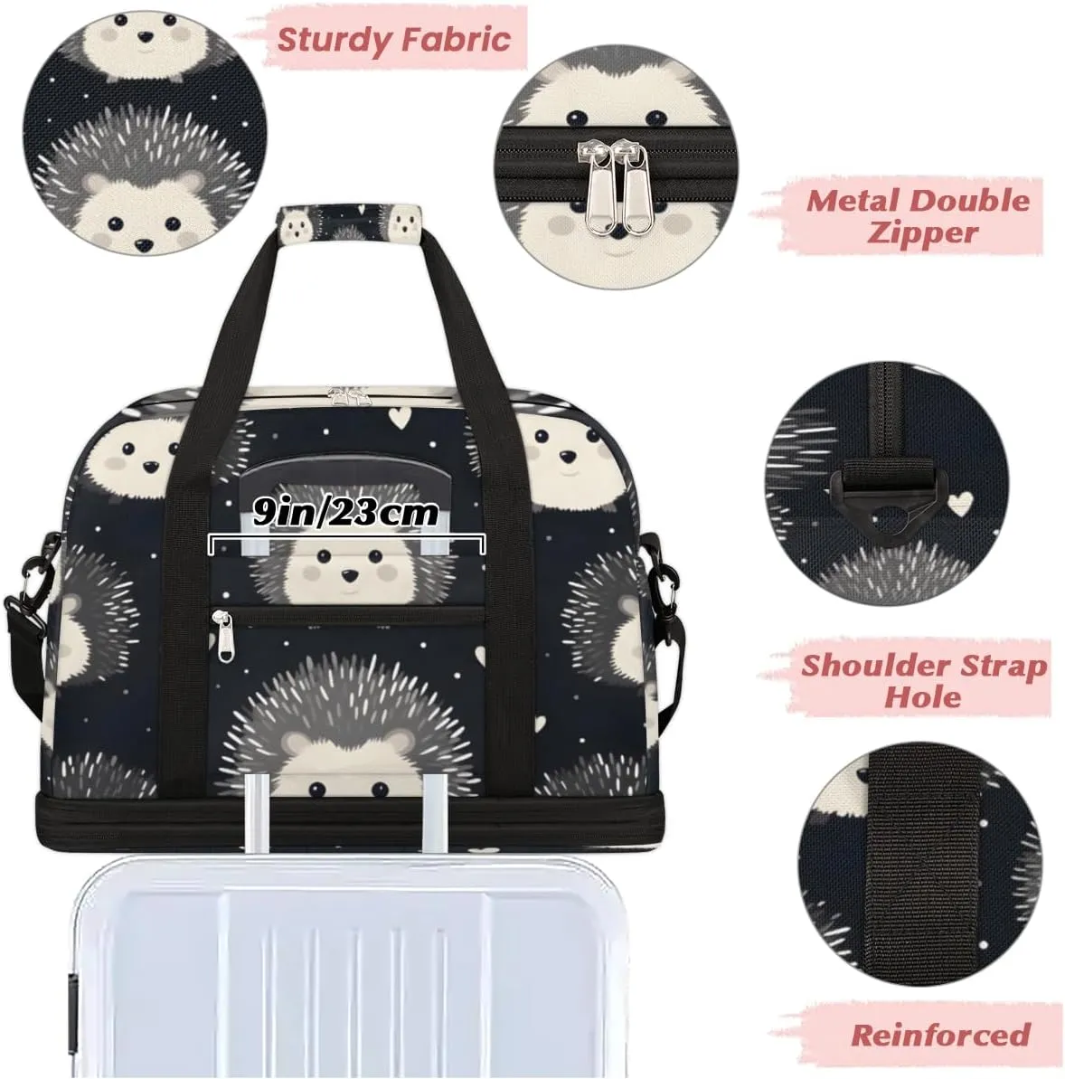 Cute Hedgehog Animal Foldable Travel Duffel Bag Overnight Weekender Bag with Shoes Compartment Sports Gym Bag for Men Women