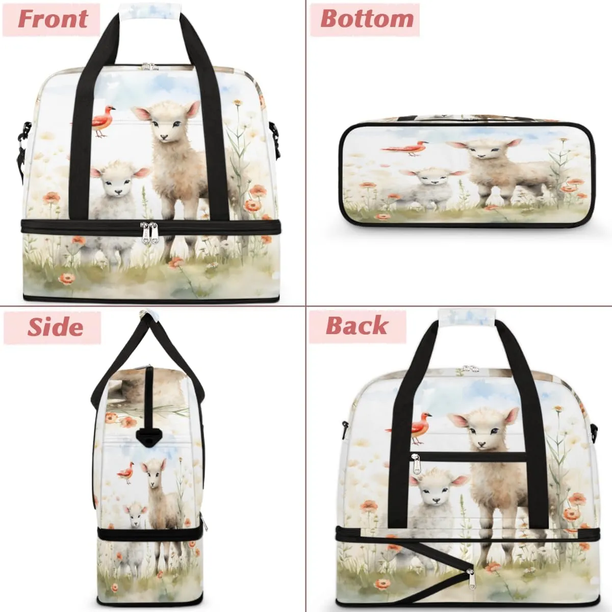 Cute Sheep Lamb Foldable Travel Duffel Bag Overnight Weekender Bag with Shoes Compartment Sports Gym Bag for Men Women