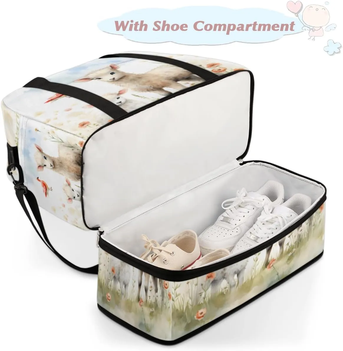 Cute Sheep Lamb Foldable Travel Duffel Bag Overnight Weekender Bag with Shoes Compartment Sports Gym Bag for Men Women
