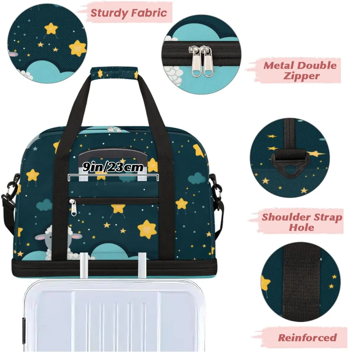 Cute White Sheep Foldable Travel Duffel Bag Overnight Weekender Bag with Shoes Compartment Sports Gym Bag for Men Women