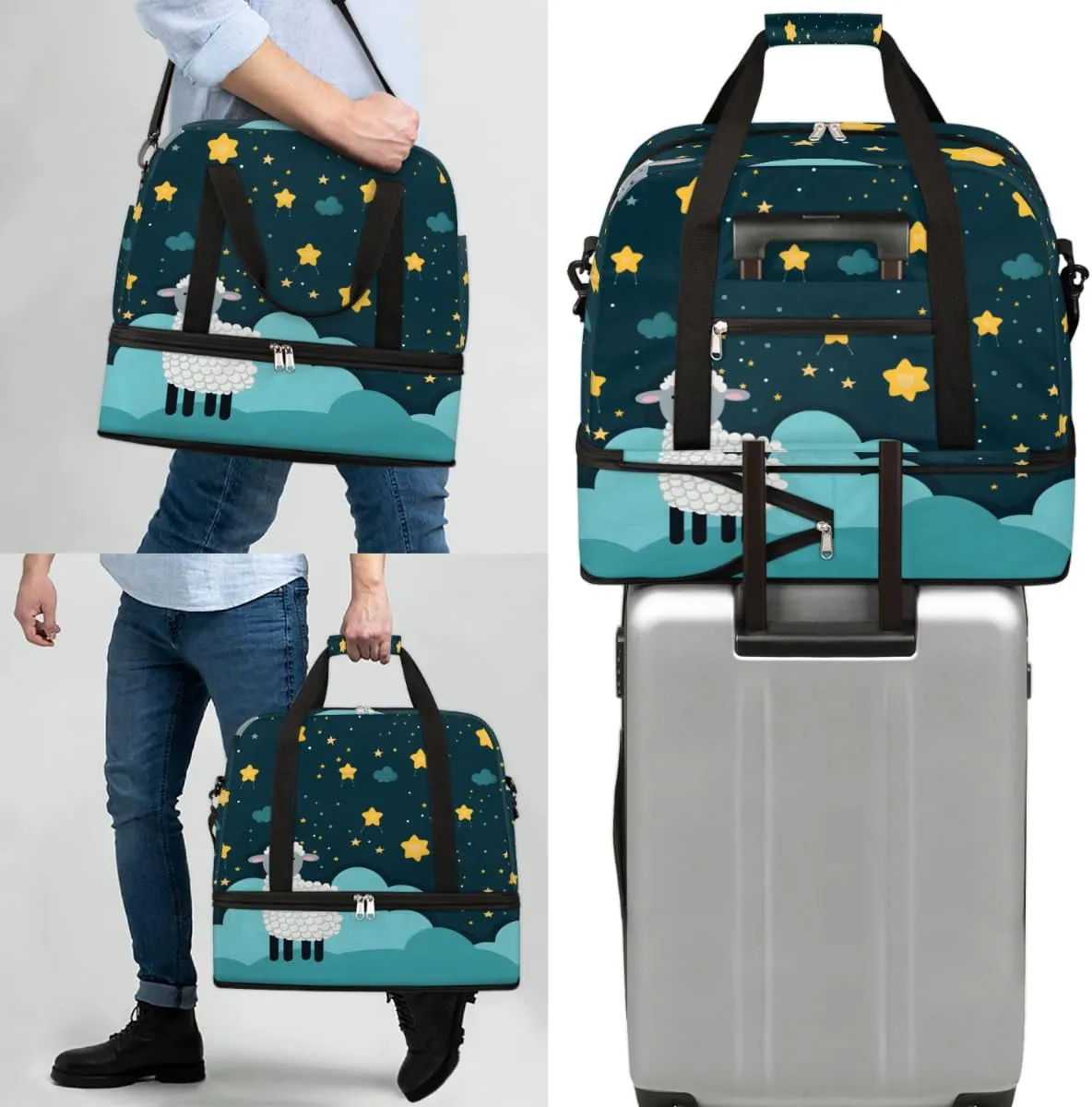 Cute White Sheep Foldable Travel Duffel Bag Overnight Weekender Bag with Shoes Compartment Sports Gym Bag for Men Women