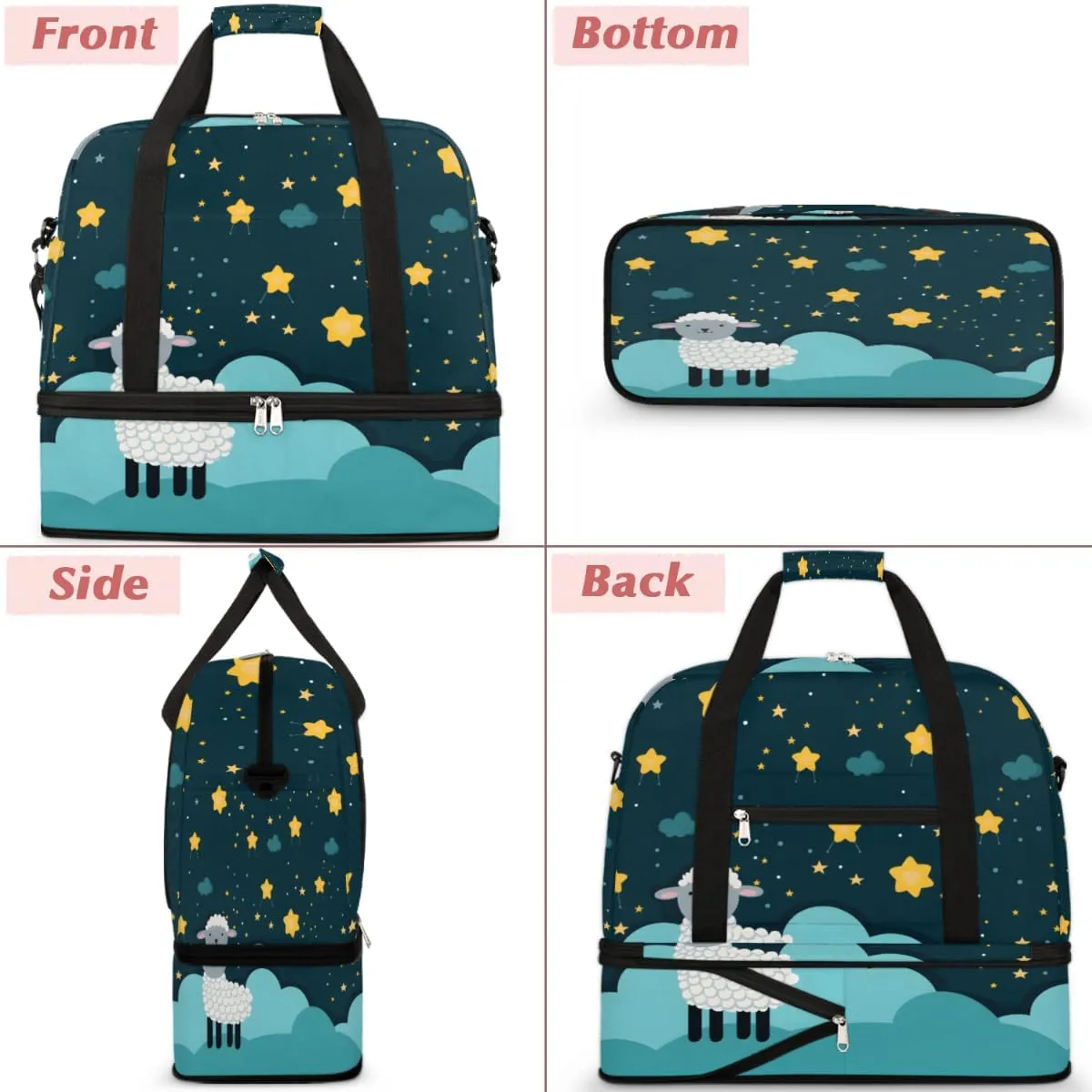 Cute White Sheep Foldable Travel Duffel Bag Overnight Weekender Bag with Shoes Compartment Sports Gym Bag for Men Women