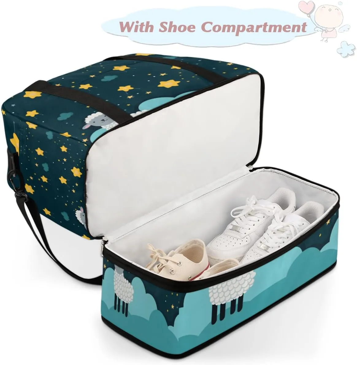 Cute White Sheep Foldable Travel Duffel Bag Overnight Weekender Bag with Shoes Compartment Sports Gym Bag for Men Women