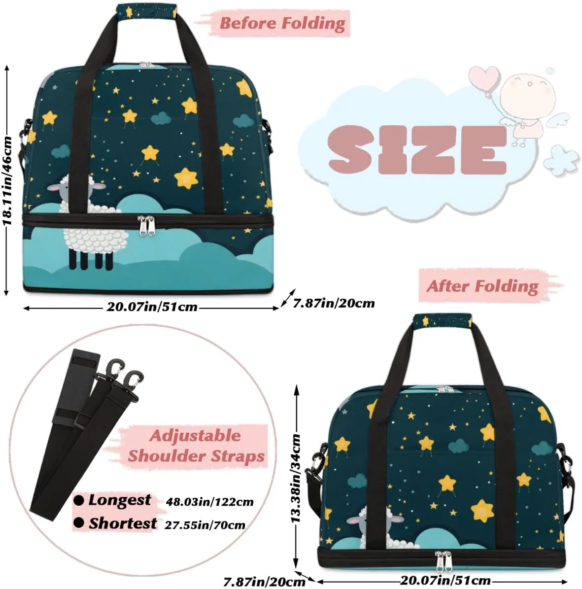 Cute White Sheep Foldable Travel Duffel Bag Overnight Weekender Bag with Shoes Compartment Sports Gym Bag for Men Women
