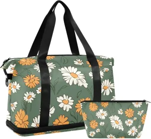 Daisy Floral Gym Bag for Men Women with Shoes Compartment & Wet Pocket Sport Travel Duffel Bag Waterproof Weekender Overnight Bag