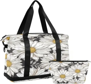 Daisy Pattern Gym Bag for Men Women with Shoes Compartment & Wet Pocket Sport Travel Duffel Bag Waterproof Weekender Overnight Bag