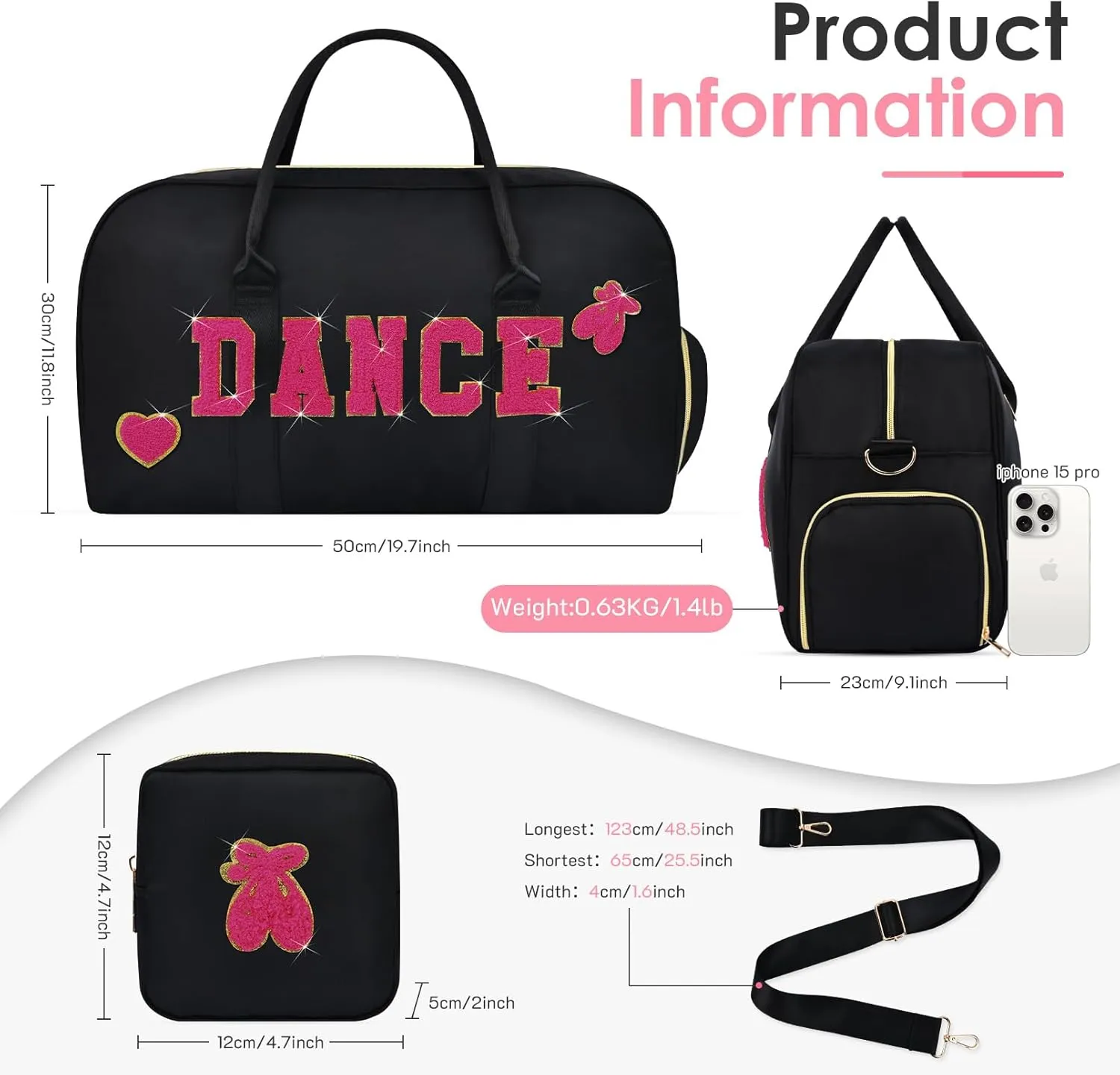 Dance Bag for Girls 2PCS Ballet Cheer Bag with Shoes Compartment Chenille Letter Embroidery for Dancer Travel Overnight bag