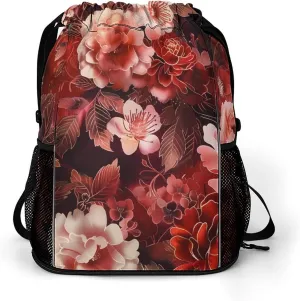 Dark Red And Light Roses Peony Flowers Drawstring Backpack String Bag Sports Gym Sackpack with Side Pocket Shoes Compartment
